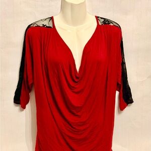 Daytrip Red Drape Neck Top with Black Lace Shoulders